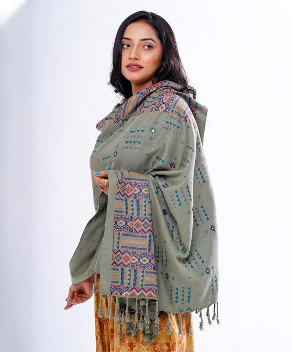 Green all-over printed Shawl in Cotton viscose fabric. Embellished with karchupi and all-over matching borders.