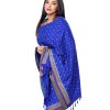 Blue all-over printed Shawl in Cotton viscose fabric. Features fringe trim on both sides.