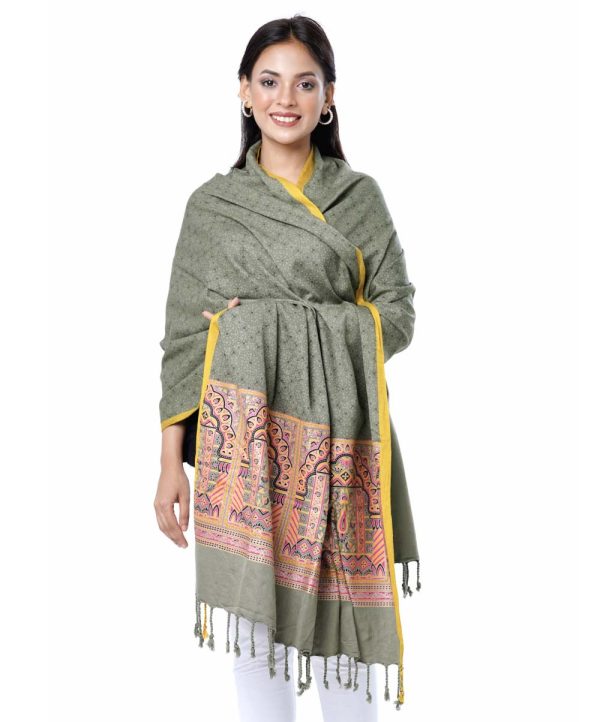 Green all-over printed Shawl in Cotton viscose fabric. Features fringe trim on both sides