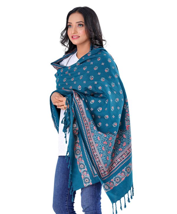 Teal Green all-over printed Shawl in Cotton viscose fabric. Embellished with karchupi and fringe trim on both sides.