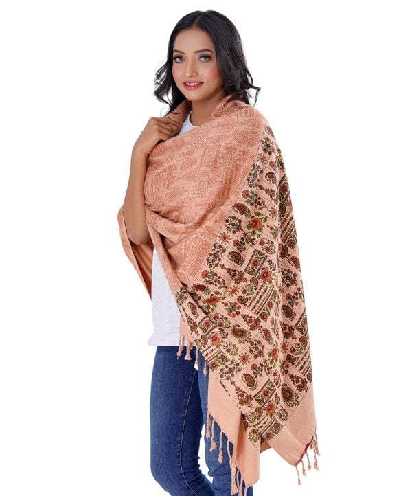 Brown all-over printed Shawl in Cotton viscose fabric. Embellished with fringe trim on both sides.