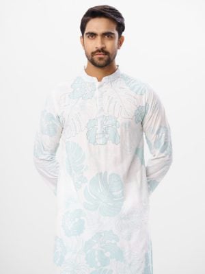 White all-over printed semi-fitted Panjabi in Viscose fabric. Designed with a mandarin collar and hidden button placket. Embellished with karchupi on the chest.