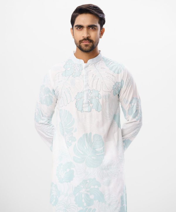 White all-over printed semi-fitted Panjabi in Viscose fabric. Designed with a mandarin collar and hidden button placket. Embellished with karchupi on the chest.