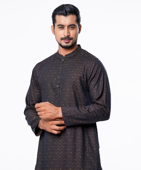 Black Semi fitted Panjabi in Jacquard Cotton fabric. Matching metal button opening on the chest.