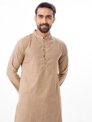 Beige semi-fitted Panjabi in Cotton-blend fabric. Embellished with karchupi on the collar and placket.