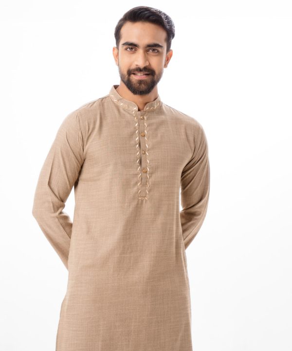 Beige semi-fitted Panjabi in Cotton-blend fabric. Embellished with karchupi on the collar and placket.