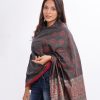 Gray all-over printed Shawl in Cotton viscose fabric. Features fringe trim on both sides.