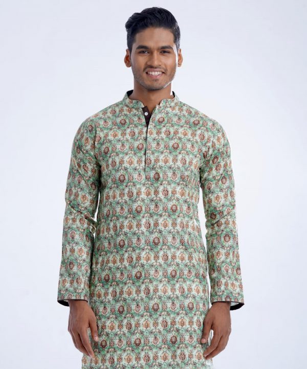 Green fitted panjabi in printed Cotton fabric. Designed with a mandarin collar and hidden button placket.