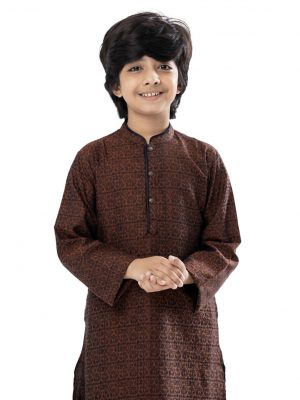 Brown Panjabi in Jacquard Cotton fabric. Designed with a mandarin collar and matching metal buttons on the placket.