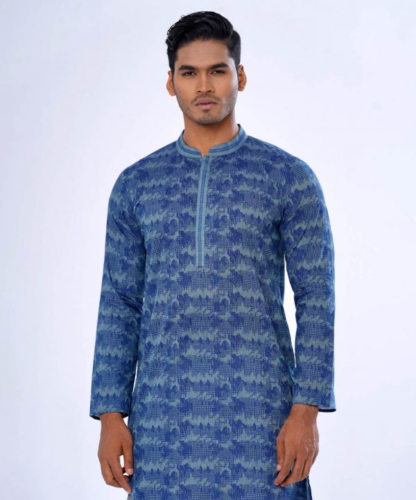 Blue semi-fitted Panjabi in printed Cotton fabric. Designed with swing stitches on the collar and hidden button placket.