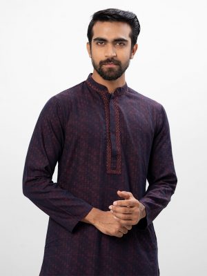 Blue semi-fitted Panjabi in jacquard Cotton fabric. Designed with karchupi on the collar and hidden button placket.