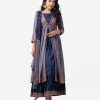 Three Quarter sleeved A-line shrug in georgette fabric. All over printed, karchupi with mirror. Blue sleeveless crepe flared gown with chiffon dupatta.