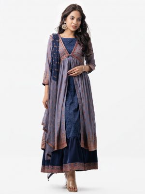 Three Quarter sleeved A-line shrug in georgette fabric. All over printed, karchupi with mirror. Blue sleeveless crepe flared gown with chiffon dupatta.