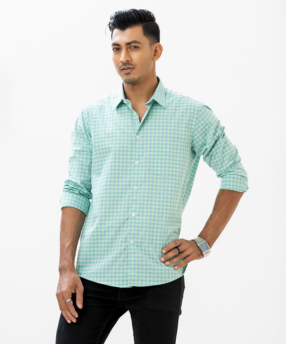 Green Cotton Long Sleeve Check Formal Shirt