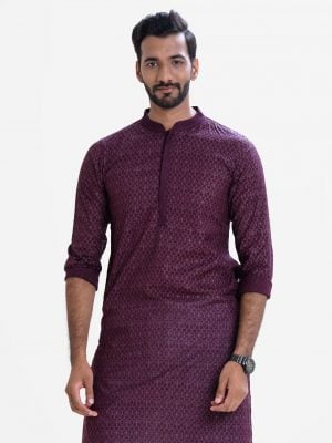 Men's ethnic printed fitted panjabi in cotton fabric. Pin tuck at mandarin collar with hidden button placket.