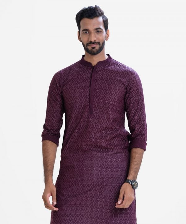 Men's ethnic printed fitted panjabi in cotton fabric. Pin tuck at mandarin collar with hidden button placket.