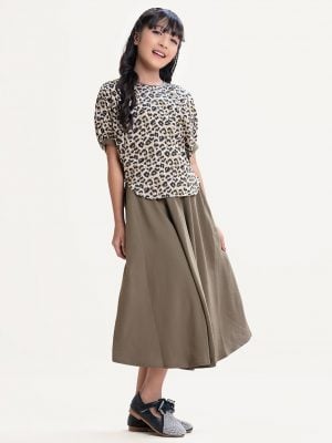 Kid girl's woven set in animal printed georgette fabric. Dolman sleeve top with two side pockets skirt.