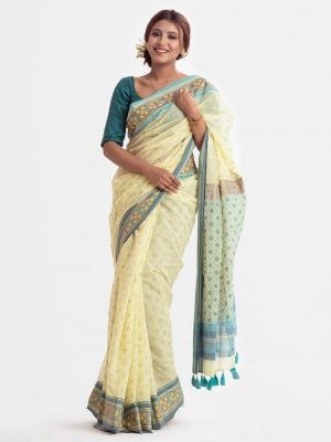 All-over printed half-silk saree, embellished with tassels at the border of Aanchal.