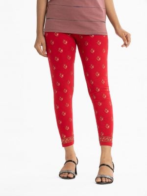 Teen girl's all-over printed leggings in cotton knit fabric. Concealed elasticated waistline.