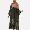 Women's floral printed abaya with hijab set in zoom fabric. V-neck, full sleeves. All-over printed georgette fabric hijab with tassel ties.