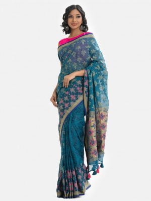 Ethnic printed saree in cotton fabric. Fringe trim at the border of anchal.