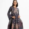 Printed A-line salwar kameez in crepe fabric. Round neck, three-quarter sleeved. Karchupi and embroidery at the front. Culotte pant and half silk dupatta.