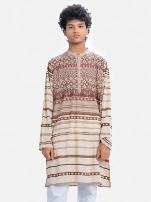 Teen boy's geometric printed panjabi in viscose fabric. Mandarin collar and inseam pockets.