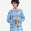 Teen boys printed fitted panjabi in cotton fabric. Mandarin collar with inseam pockets.