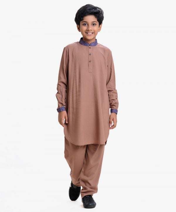 Kid boy's kabli set in viscose fabric. Mandarin collar with metal button placket with two pockets kabli suit and pajama set.