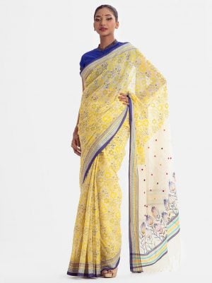 All-over printed saree in cotton fabric. Embellished with embroidery, and fringe trim at the border of anchal.