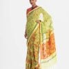 All-over printed saree in cotton fabric. Embellished with embroidery, and fringe trim at the border of anchal.