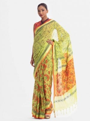 All-over printed saree in cotton fabric. Embellished with embroidery, and fringe trim at the border of anchal.