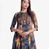 Women's A-line long tunic in printed georgette fabric. Stand collar, three-quarter sleeves. Karchupi at front and sleeves.