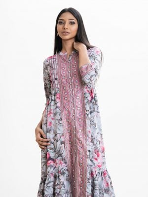 Women's frock style long tunic in floral printed georgette fabric. Band collar, three-quarter cuff sleeves. Patch and karchupi at front.