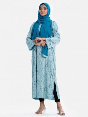 Printed abaya set in zoom fabric. Round neck, full-sleeved, and a georgette dupatta.