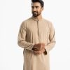 Men's slim fitted solid color panjabi in blended cotton fabric. Embroidery at mandarin collar, hidden buttons placket and full sleeves hem.