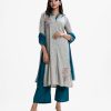 Women's printed salwar kameez in viscose fabric. Mock neck, full sleeve. Embroidery at the front. chiffon dupatta with viscose palazzo pants.