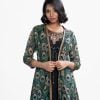 Front opening with tie-cord fastening, three-quarter sleeved, printed georgette fabric shrug with round neck sleeveless tunic.