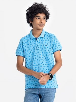 Teen boy's musical equipment printed polo shirt in stretched cotton knit fabric. Classic collar, short sleeves and a straight-cut hem.