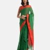 Green saree with Red par in cotton fabric. Fringe trim at the border of anchal.