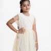 Kid girls frock in organza fabric with crepe full body inner. Scalloped peter pan collar, Cap-sleeved. Embroidery cutwork at front and bottom.