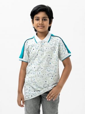 Kids boy Polo Shirt in cotton pique fabric. Classic collar, short sleeves and all over animal printed.