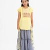 Kid girls printed ghagra choli set in Crepe fabric. Round neck, short-sleeved top with karchupi at front. Tie-dye chiffon dupatta with a printed skirt.