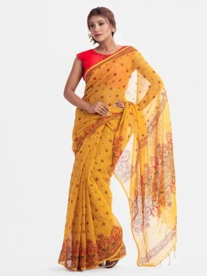 All-over printed saree in blended cotton fabric. Fringe trim at the border of anchal.