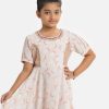 Kid girls elongated hem frock in georgette fabric. Short sleeves, round neck. Karchupi at the front. 