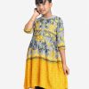 Kid Girl's floral printed A-line tunic in viscose fabric. Stand collar with placket, three-quarter sleeves. Pleated waistline and karchupi at front.