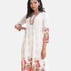 Women's floral printed kameez in viscose fabric. Contrast patch on V-neck with line stitching and three-quarter sleeves.