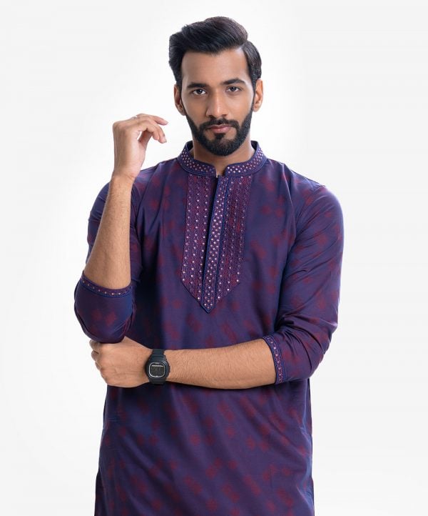 Men's semi fitted panjabi in jacquard cotton fabric. Embroidery at front and hidden button placket.