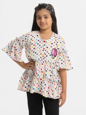 Kids girls A-line polka dot printed tiered pattern tunic in georgette fabric. Round neck, bell-sleeved and attached patch at the top front.