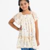 Kids girl A-line frock in printed georgette fabric. Square neck, butterfly-sleeved and ruffle trim at the hemline.